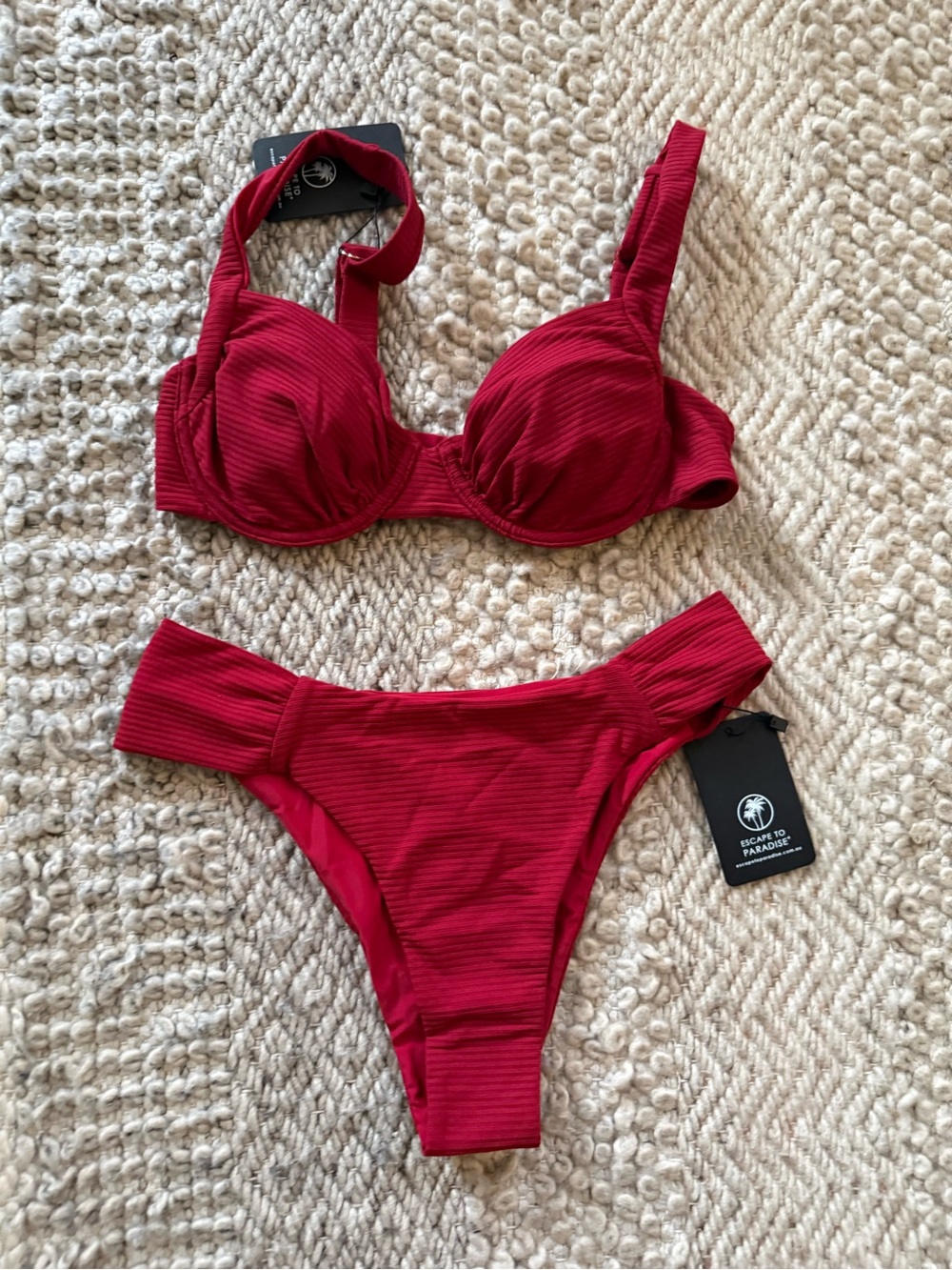 Women’s Crimson dark red Ribbed Underwire Bikini small escape to Paradise new